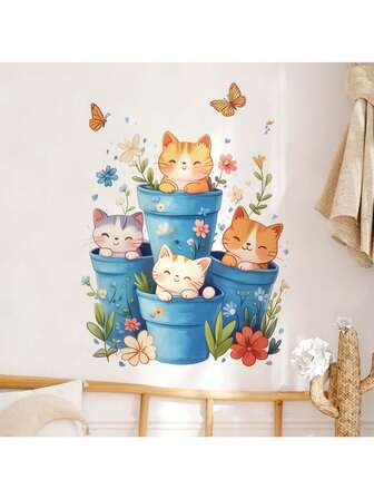 1张可爱猫咪盆栽装饰贴纸，PVC材质，可移除自粘，易撕设计，家居装饰，点亮您的生活，节日装饰，生日毕业礼物
