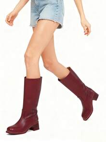 Western Boots For Women Flower Embroidery Mid Calf Boots Square Toe Chunky Block Heel Knee High Boots Low Heel Long Boots For Women Comfortable Casual Cowgirl Western Boots For Women Comfort Country Walking Shoes - 酒紅色 - 查看 5