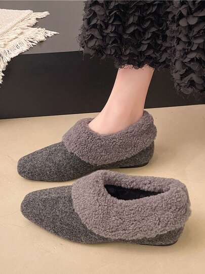 Women's Flat Slip-On Fuzzy Loafers, Low Heel Square Toe, Dark Gray Plush Shoes, Lightweight & Comfortable, Gray Indoor Platform Fur Lined Shoes For Winter