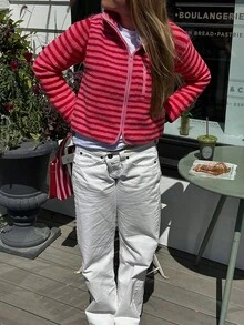 Womens Winter Fleece Jacket Casual Stylish Striped Zip Up Lapel Neck Long Sleeve Coat - 粉色 - 查看 2