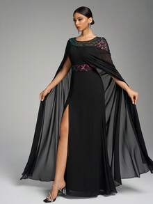 SUPGIR Váy voan cổ tròn, viền lưới ở eo, đính sequin và tay áo dài bồng bềnh - màu đen - Xem 7