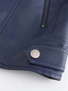 Áo khoác da giả dáng ôm dành cho nữ, Áo khoác mô tô mỏng, Cổ đứng, Áo khoác ngoài Xuân/Thu - Màu xanh hải quân - Xem 10