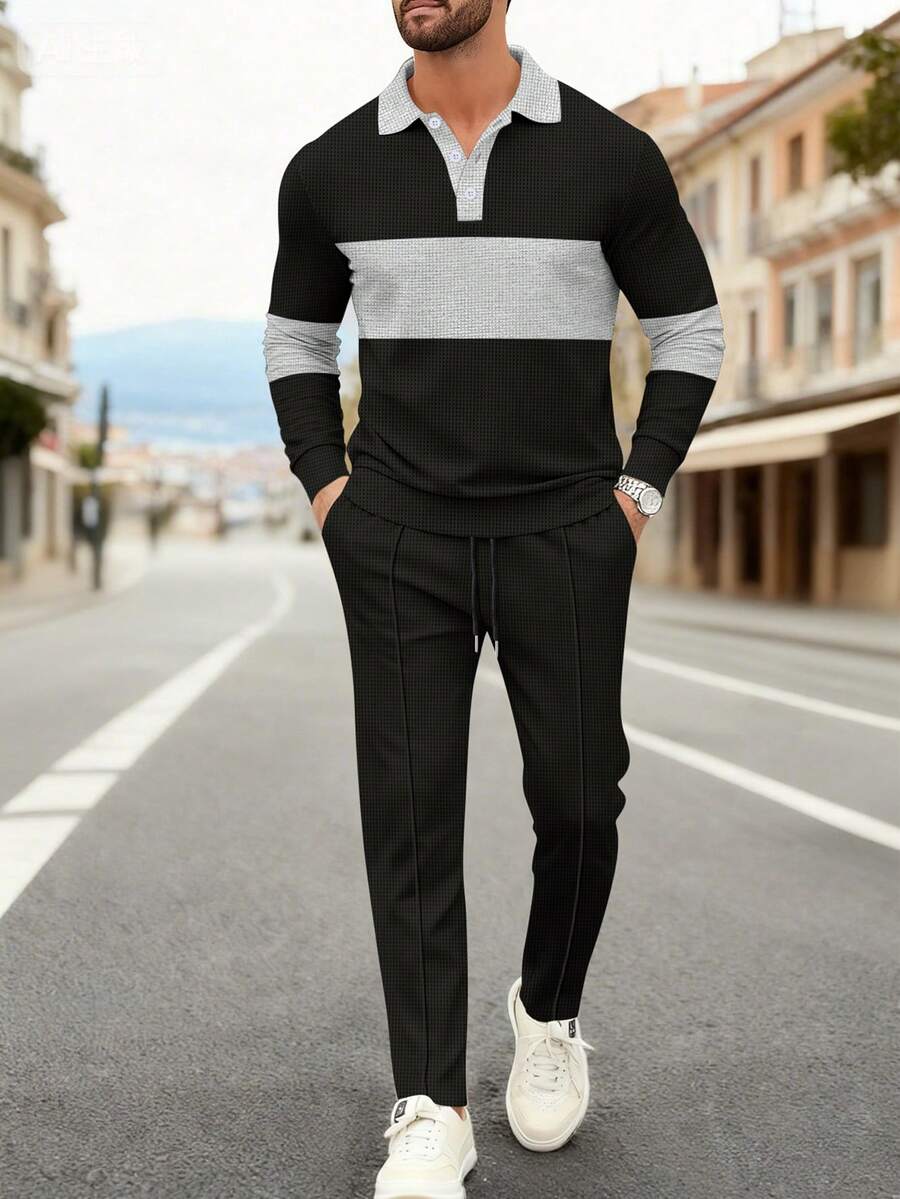 2pcs Men's Spring/Autumn Casual Set, Fashionable Contrast Color Polo Shirt With Collar + Drawstring Waist Pants, Lightweight Street & Holiday Outfit, Gift For Boyfriend - Black - View 1