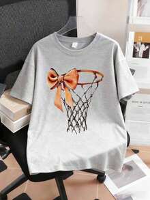 Clothes Street Fashion Bow Tie And Basketball Hoop Pattern Print Plus Size Loose T-Shirt Painting Style Patterns,Girl's Solid Color T-Shirt , Suitable For Daily Wear, Going Out, Party, School, Attending Music Festivals, Vacation, Commuting. Can Be Given As A Gift To Family, Boyfriend,Girlfriend, Friends,Girls Winter Clothes,Essentials Hoodie