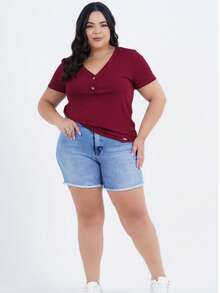 Women's Plus Size Short Sleeve Mesh Blouse - 酒紅色 - 查看 1