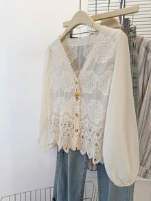 JIANHU V-Neck Retro Patchwork Hollowed Out Long Sleeved T-Shirt Spring - Apricot - View 3