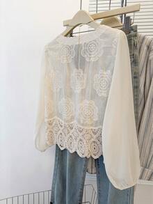 JIANHU V-Neck Retro Patchwork Hollowed Out Long Sleeved T-Shirt Spring - Apricot - View 5