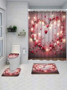 1pc/4pcs Valentine's Day Bathroom Decor Set, Includes Shower Curtain, Toilet Seat Cover, Bath Mat, Polyester Curtain, Bathroom Accessories With 12 Hooks