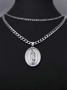 1pc Vintage Religious Virgin Mary Stainless Steel Pendant Necklace, Unique Personalized Protective Accessory, Layered Necklace For Men, Suitable As Birthday Gift - View 4