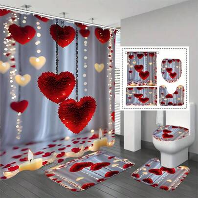 1/4pcs Set, Valentine's Day Romantic Heart Print 2D Flat Bathroom Curtain Set, Includes Anti-Slip Absorbent Bath Mat & 12 C-Shaped Hooks, Elegant & Practical Home Decor Gift, 2D Flat Design