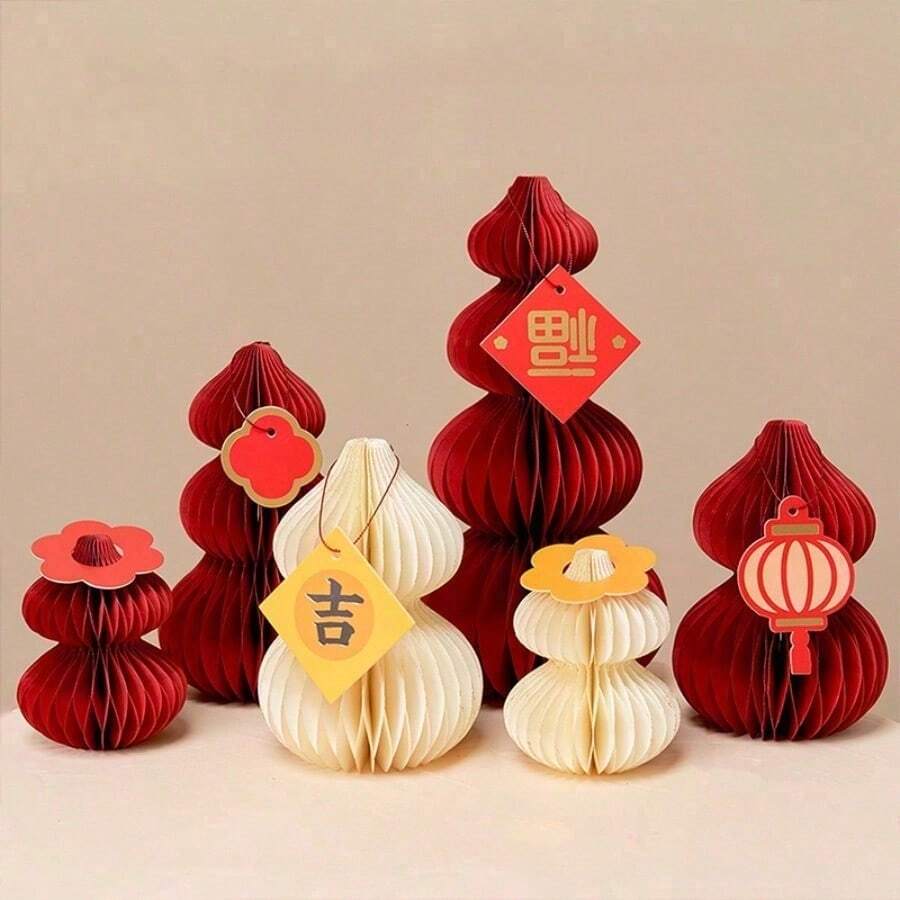 1/2/4/6pcs Red Foldable Paper Honeycomb Lanterns Decor, Lucky Bag Spring Festival Figurine Hanging Ornaments, Traditional Chinese New Year Celebration Decorations, Non-Electric Lunar New Year Lanterns, Wedding Lanterns, Wall Hanging, Holiday Party Room Decor, Chinese New Year Gifts