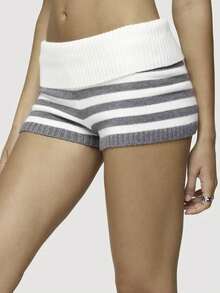 Women Y2K Striped Foldover Knit Shorts Low Waist Slim Fit Knit Mini Shorts Retro Micro Boxer Short Pants Streetwear - 淺灰色 - 查看 9