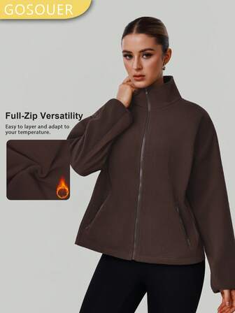 GOSOUER 女性ファッション ウィンターウェア スタンドカラー フリース アウトドア カジュアル ランニング スポーツ トップス 防寒 ジップアップジャケット