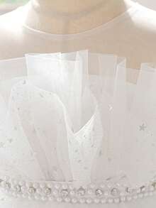 Young Girls' Elegant Pearl Rhinestone Sequin Tulle Trailing Wedding Flower Girl Dress, Suitable For Birthday Party, Graduation, Holiday Celebration, Does Not Include Headband - White - View 7