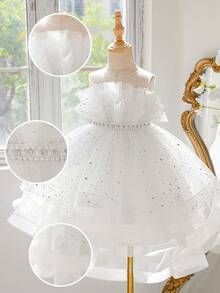 Young Girls' Elegant Pearl Rhinestone Sequin Tulle Trailing Wedding Flower Girl Dress, Suitable For Birthday Party, Graduation, Holiday Celebration, Does Not Include Headband - White - View 6