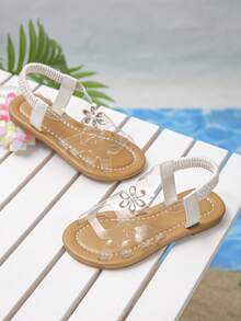 1 par de sandalias planas transparentes con decoración floral brillante y hermosa para niñas, estilo de hadas, muy adecuadas para el uso en verano - transparente - Ver 6