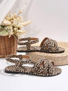 女士新款圆头套脚平底拖鞋，简约搭扣平底凉鞋，时尚简约平底凉鞋，舒适休闲旅行沙滩鞋，有白色、棕色、黑色、豹纹、花卉图案可选 - 彩色 - 查看 6