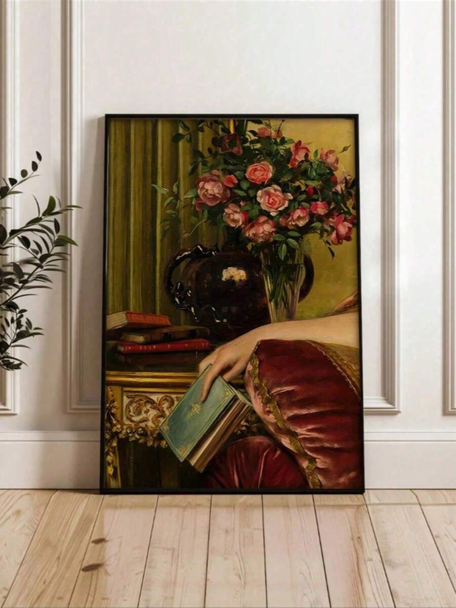 1 PC American Retro Poster, Niche Living Room Wall Hanging, Retro Floral Entryway Wall Hanging,Vintage Art Portrait Maximalist Decor With Baroque Rococo Canvas Wall Art Print Eclectic Room Decor Oil Painting Renaissance Traditional For Living Room, Office, Bedroom - 16x24in Unframed