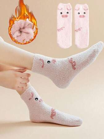 1/2 Pair Cute Pig Design Warm & Comfortable Socks, Suitable For Home And Casual Wear In Autumn/Winter