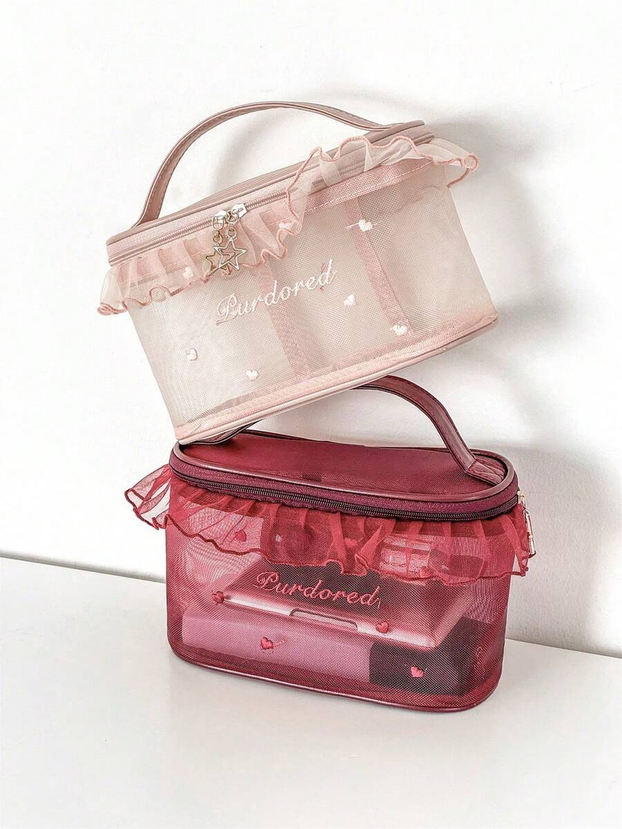 1 Pc Clear Mesh Women Makeup Bag Cute Flounce Edge Female Zipper Cosmetic Travel Portable Lipstick Bag Toiletry Washing Bag - Multicolor - View 1