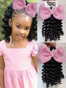 1pc Ponytail With Shiny Bow Clip Hair 8inch Kids Deep Wave Hair Go Afro Kinky Marley With Elastic For Girls - Natural Black - View 13