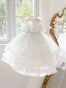 Young Girls' Elegant Pearl Rhinestone Sequin Tulle Trailing Wedding Flower Girl Dress, Suitable For Birthday Party, Graduation, Holiday Celebration, Does Not Include Headband - White - View 3