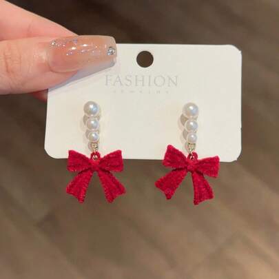 Simple Red And Black Bow Earrings Pearl Plush Light Luxury Niche Temperament Stud Earrings