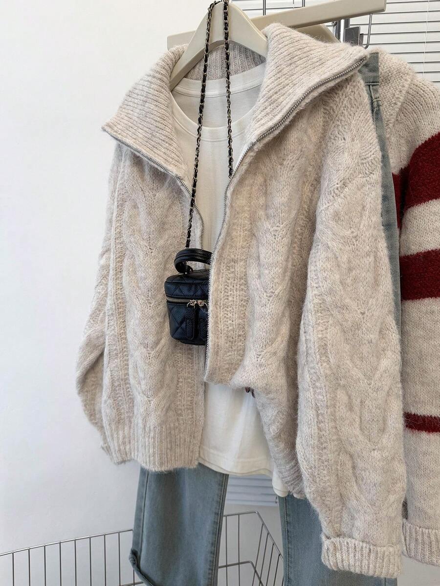 JIANHU Apricot Cable Knit Zip-Up Cardigan - Loose Fit Autumn/Winter Cardigan, Suitable For Christmas Market And Streetwear - Apricot - View 1