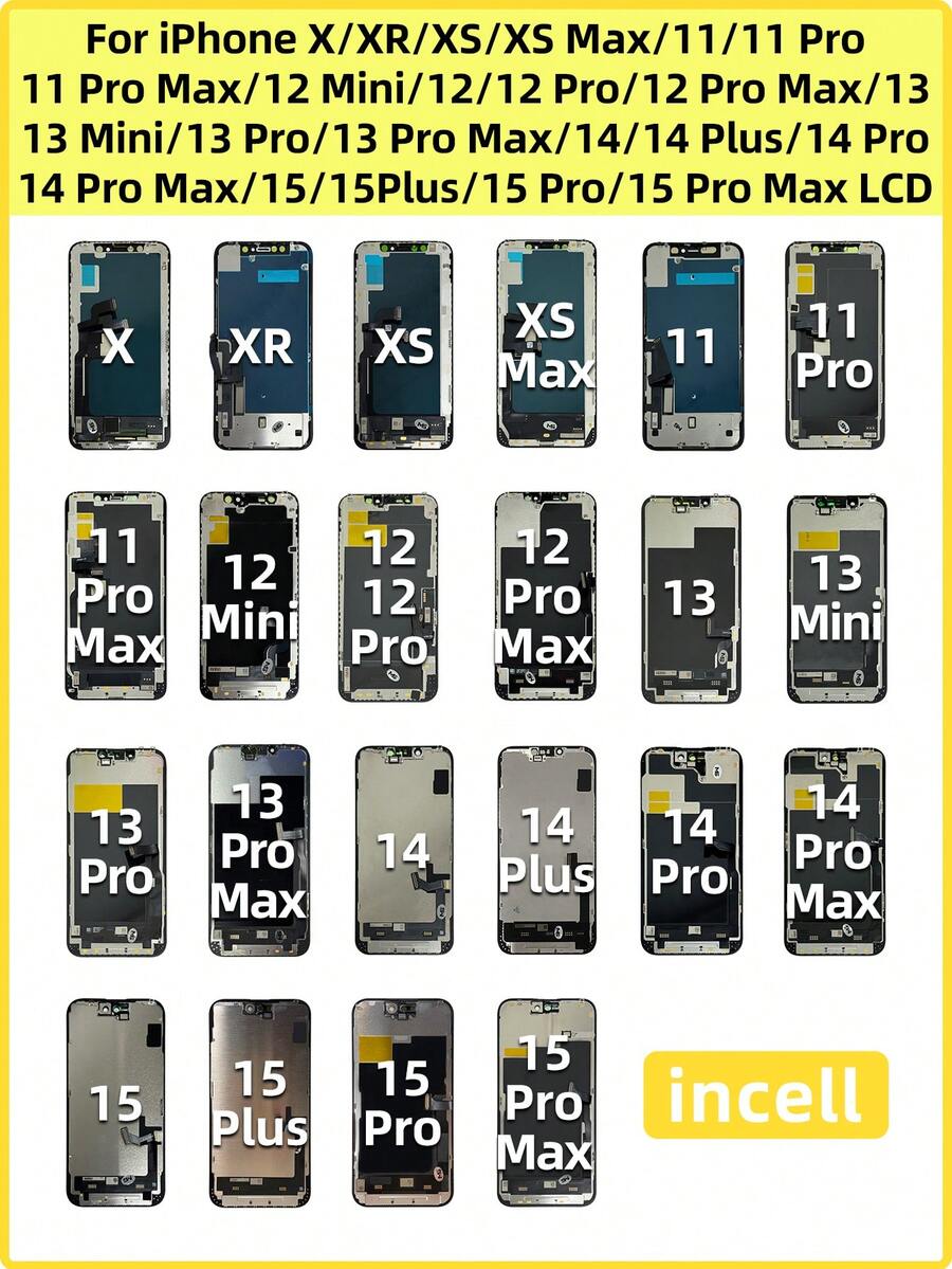 INCELL 适用于 X、XR、XS Max、11 Pro Max、12 Pro Max、13 Mini、12 Mini、14 Pro Max、16 Pro Max、15 Plus 的显示屏更换