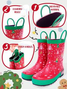 Rote Weihnachts-Babyschuhe Regenstiefel, wasserdichte Stiefel mit starkem Griff, einfacher An-/Ausziehgriff, leicht zu reinigen, geeignet für Outdoor-Aktivitäten Regenschuhe