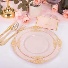 50pcs Pink-Edged Plastic Cutlery Set, Disposable Cutlery, Including 10 10.25-Inch Plates, 10 7.5-Inch Dessert Plates, 10 Knives, 10 Forks, And 10 Spoons. Suitable For Birthday Parties/Weddings/Holiday Gatherings-Christmas. - 粉色 - 查看 8