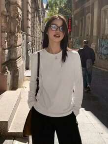 简约百搭白色长袖 T 恤，休闲宽松修身分层上衣，女士秋冬装 - 白色 - 查看 3