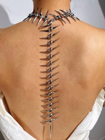 1pc Fashionable Street Style Punk Spike Fishbone Rivet Long Necklace, Suitable For Casual And Streetwear Outfits