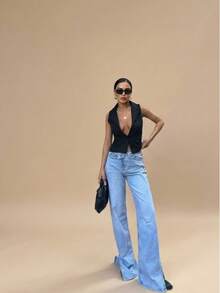 SQUALO Dark Blue Denim Jeans With Double Button Detail Spilt Hem - Dusty Blue - View 2