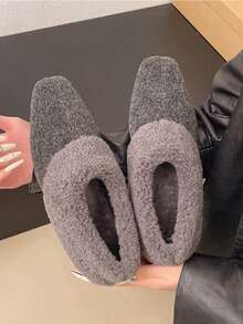 Women's Flat Slip-On Fuzzy Loafers, Low Heel Square Toe, Dark Gray Plush Shoes, Lightweight & Comfortable, Gray Indoor Platform Fur Lined Shoes For Winter - Dark Grey - View 5