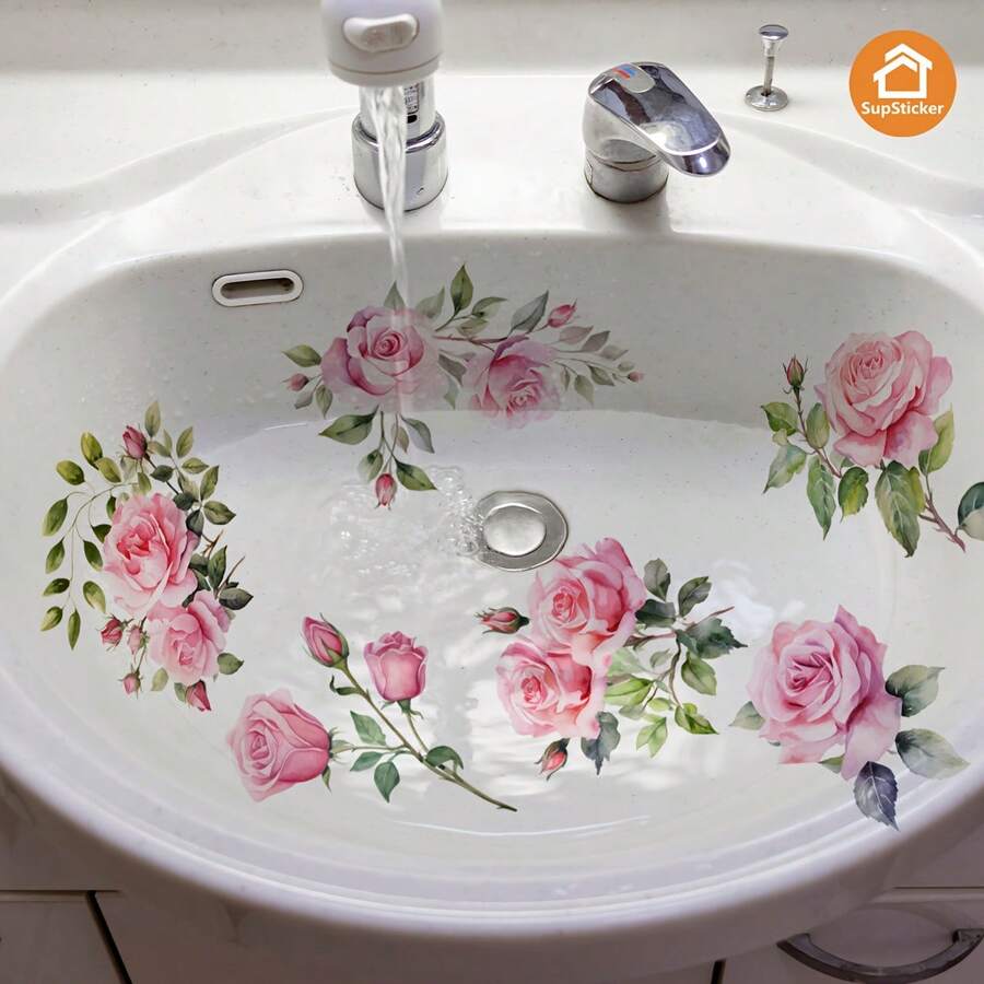 Rose Floral Pattern Self-Adhesive Bathtub Sticker, Creative Peel And Stick Home Decor Sticker, Suitable For Decorating Sink And Bathtub, Removable Wall Sticker, Fashionable Bathroom Decor