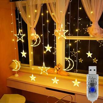 1PC Pentagonal Star And Moon Curtain Light, USB Powered Curtain Light, Warm Light, Color Light Optional, Star And Moon Curtain Light, Star And Moon Light String,Holiday Lighting, Fairy Light Curtain,LED Curtain Light,Holiday Lighting,Bedroom Curtain Light String