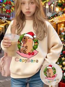 Young Girl Long Sleeve Crew Neck Pullover With "CAPYBARAS" Print, Comfortable And Stylish, Casual And Versatile - Apricot - View 8