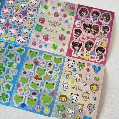 8张复古女孩兔子、草莓、四叶草银色闪光贴纸，适用于日记本、手机壳等。