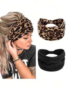 1 pieza Diadema deportiva de yoga estilo bohemio, diadema ancha de unicolor y estampado de leopardo para mujer, accesorios para el cabello, herramientas para el cabello, accesorios de belleza, accesorios para cabello rizado para mujer, otoño, viaje, accesorios para el cabello, regalos, regalos para mujeres, artículos para el cabello, rellenos de calcetines - Negro - Ver 2