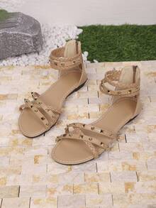 Buckle Rivet Flat Roman Sandals For Women, New Spring/Summer Bohemian Style Backless Strap Open Toe Shoes - Apricot - View 7