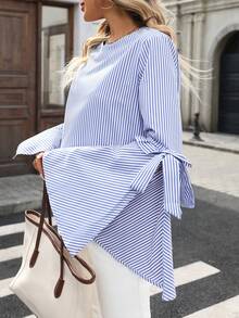 Women's Striped Fabric Bow Flared Sleeve Ruffle Hem Elegant Casual Blouse, Suitable For Travel, Daily, Office, Teacher - Blue - View 11
