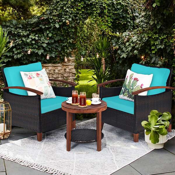 COSTWAY 3PCS Patio Rattan Furniture Set Wooden Frame Cushion Table Shelf