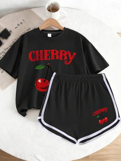 2pcs/Set Girls Casual Fashion Creative Cherry Print T-Shirt And Shorts Set, Summer Holiday