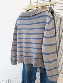 JIANHU Áo len polo dệt kim kẻ sọc xám nhạt và xanh dương - Áo chui đầu nửa khóa kéo mùa thu/đông với cổ áo bo gân và đường may tương phản, phù hợp cho các chợ Giáng sinh và các dịp công sở thường ngày. - Màu Xám nhạt - Xem 4