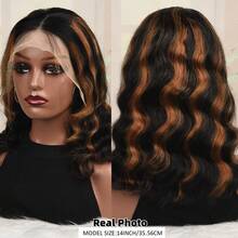 高光棕金色蕾丝前额真人发假发,女士款,13X4 透明大蕾丝 #4/27 波浪卷巴西 Remy 真发,预先拔毛,自然发际线,圣诞节款 - SNatural/3/30/33 - 查看 9