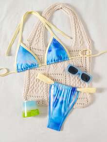 Bộ bikini Suntide với họa tiết bầu trời xanh và viền tương phản, cúp ngực tam giác, đồ bơi hai mảnh dành cho nữ, thích hợp cho kỳ nghỉ biển. - Màu xanh nhạt - Xem 3