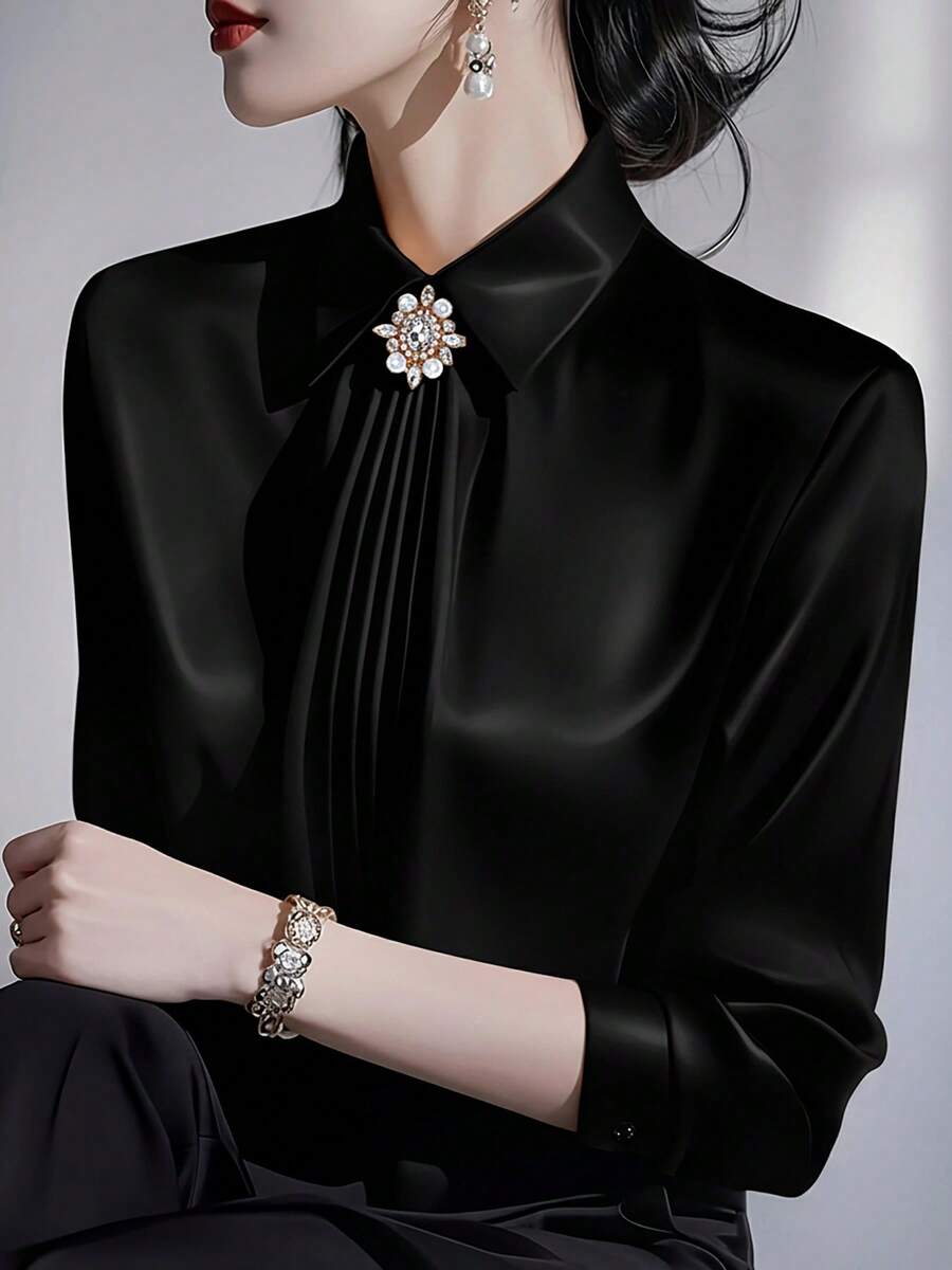 Women's Solid Color Collared Long Sleeve Shirt, Fashionable Elegant Office Commute Versatile Long Sleeve Blouse Black Spring - Black - View 1