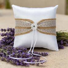 Almohada para anillos de boda con cinta decorativa blanca para llevar anillos en la fiesta de bodas. - Caqui - Ver 4