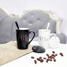 YQQ Juego de tazas de café para parejas tazas de café para novios taza de cerámica con cuchara regalo Ideal para bodas San Valentín Navidad Negro + Blanco1234 - NegroBlanco - Ver 5